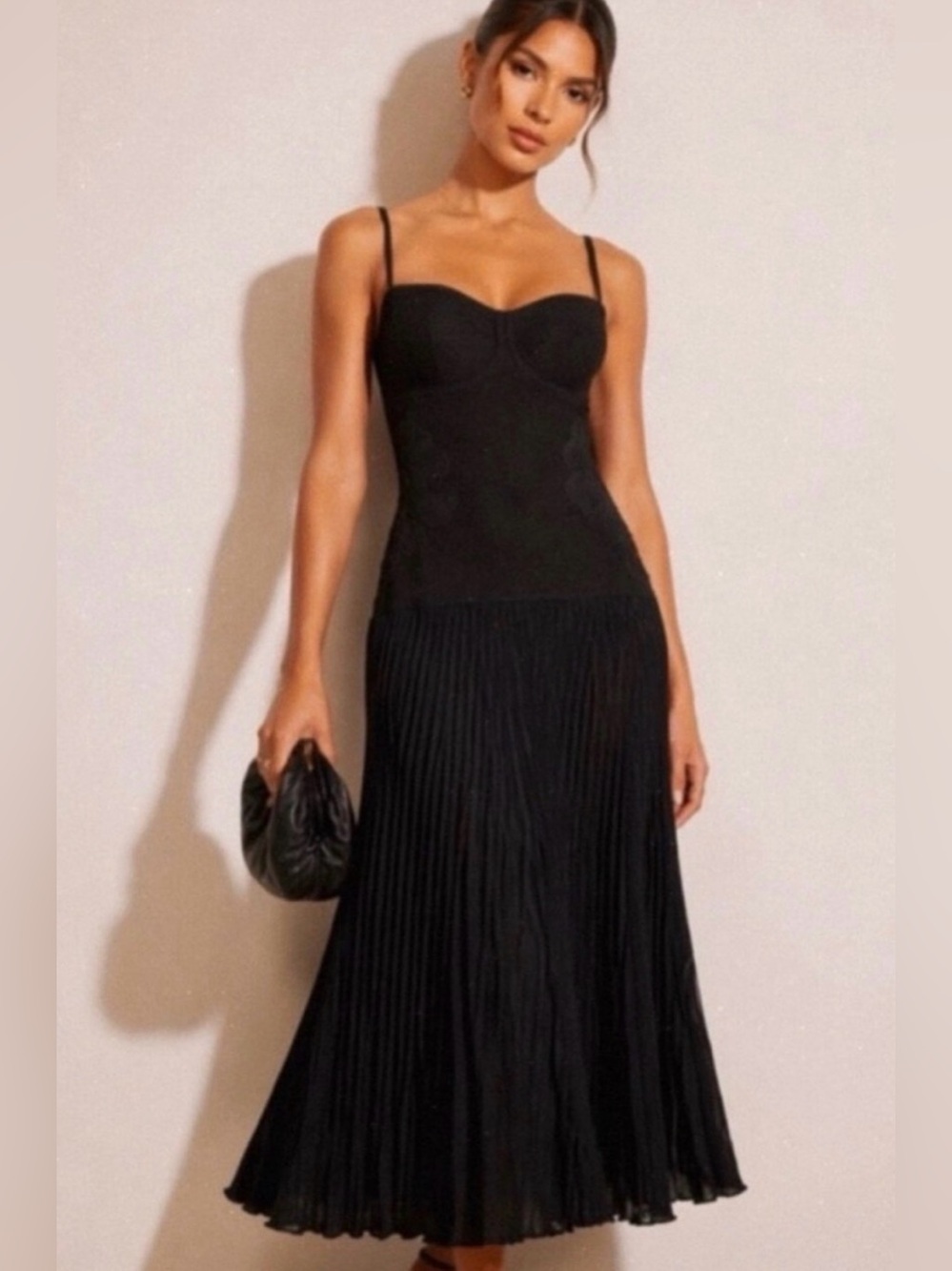 Camila Coelho Black Pleated Midi Dress with Sweetheart Bodice